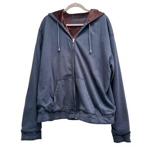 VELVET MEN BLUE W/BROWN VELOUR LINING FULL ZIP HOODIE SWEATSHIRT